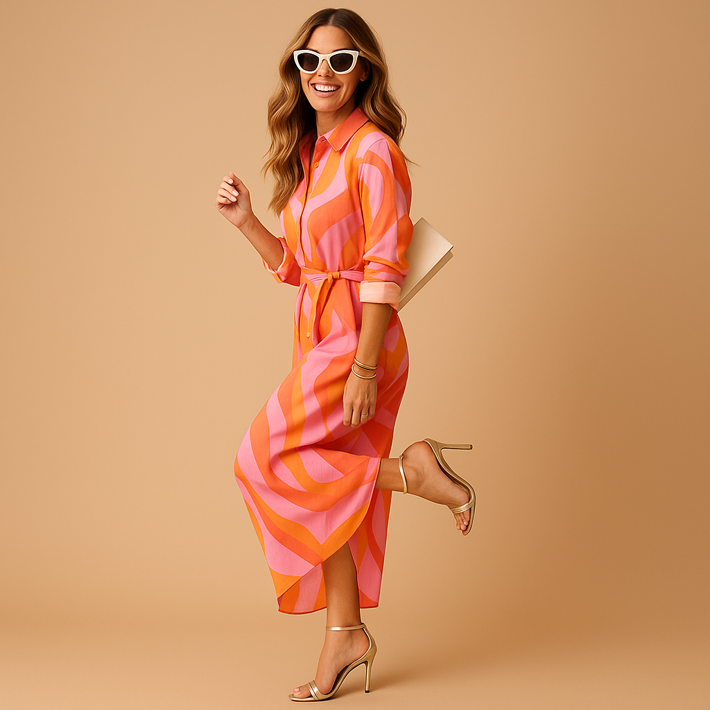 Women’s colorful summer dress with a flowy fit and vibrant pattern, perfect for beach days, casual outings, and festive occasions.