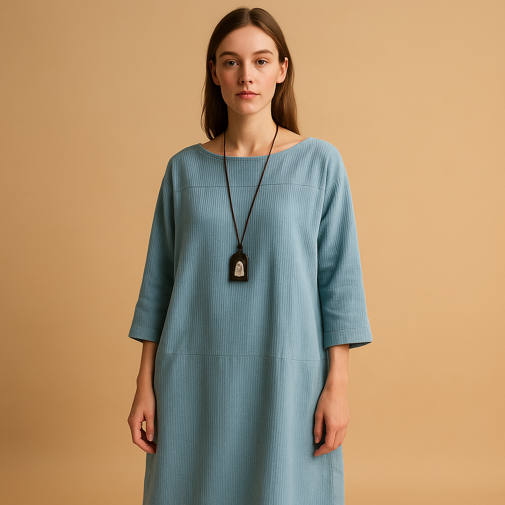Women’s corduroy summer dress with short sleeves and knee-length fit, perfect for warm days, casual wear, and stylish occasions.