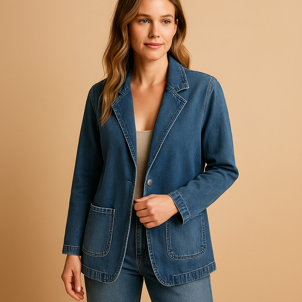 Women’s denim blazer with a tailored and flattering fit, ideal for work, casual outfits, or stylish gatherings.