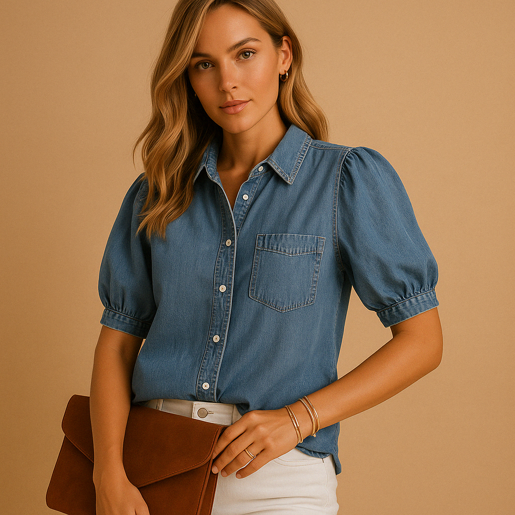 Women’s denim button-up blouse with a tailored fit, long sleeves, and classic design, ideal for fall outfits, work, and casual looks.