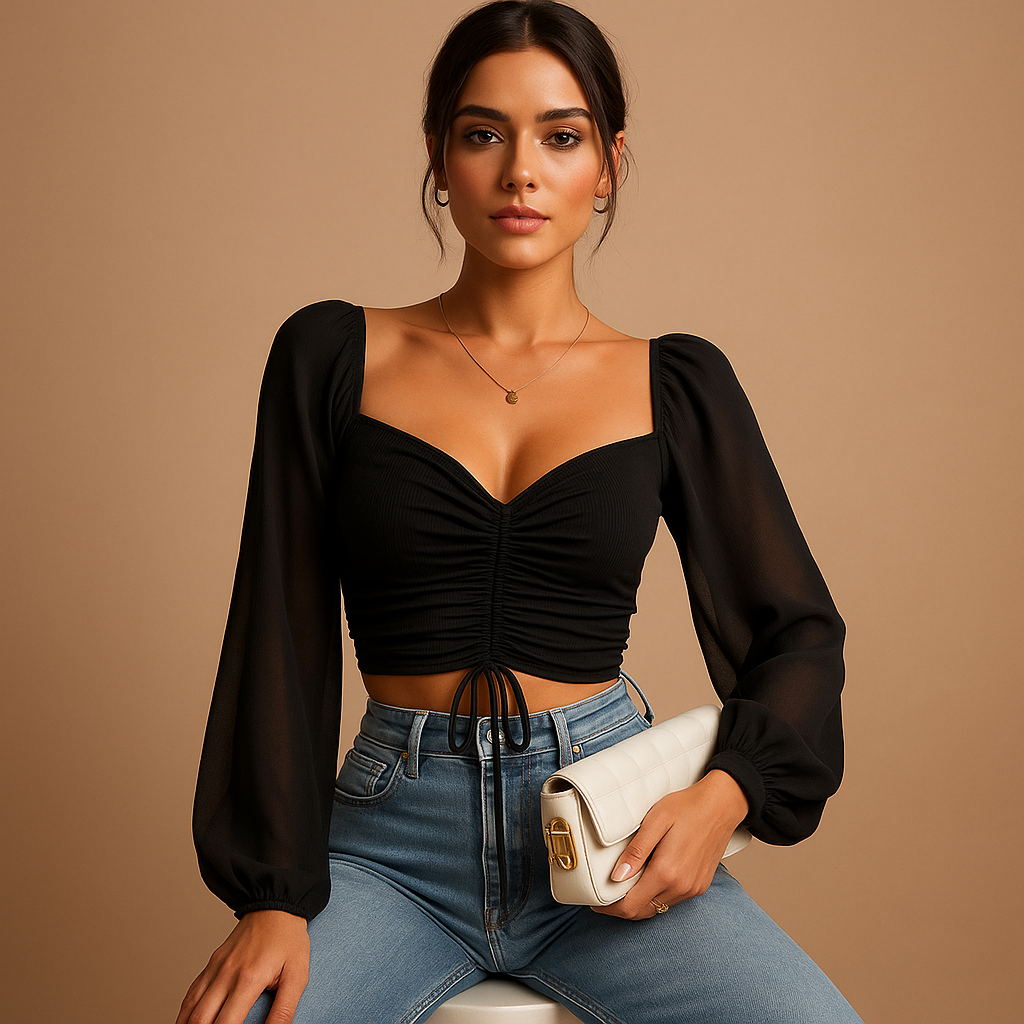 Elegant women’s blouse with a sweetheart neckline and fitted design, ideal for casual days or festive occasions.