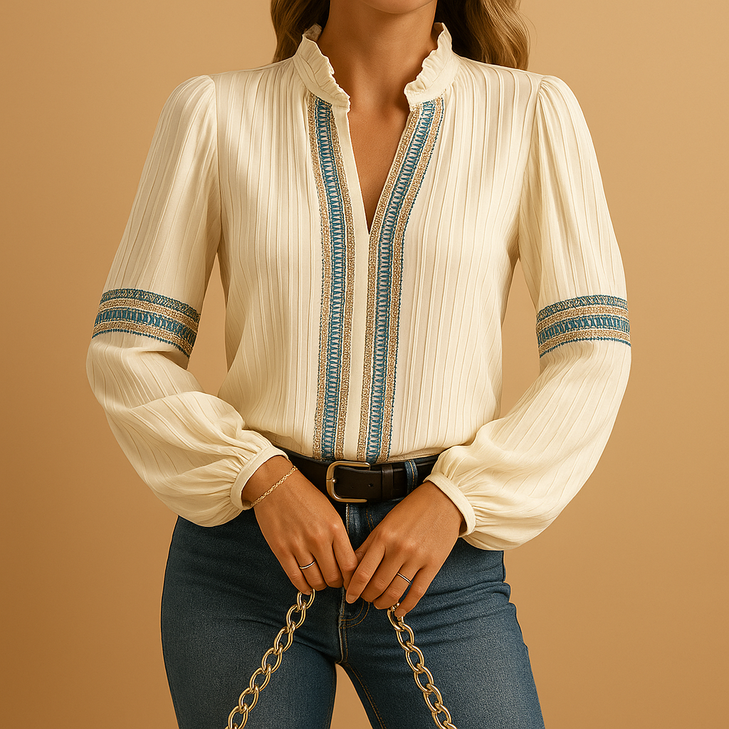 Women’s elegant lace blouse with lantern sleeves and a loose fit, suitable for work, casual days, and evening occasions.