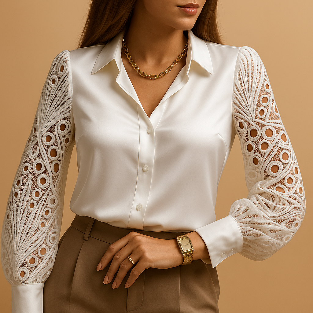 Women’s elegant lace blouse with sheer sleeves, classic collar, and button closure, suitable for work, formal occasions, and evening wear.