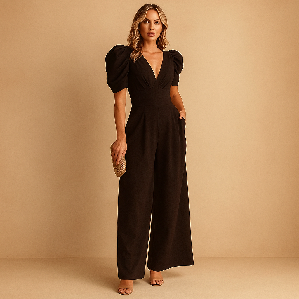 Elegant long jumpsuit for women with tailored fit and flowing silhouette, perfect for galas, dinners, and formal events.
