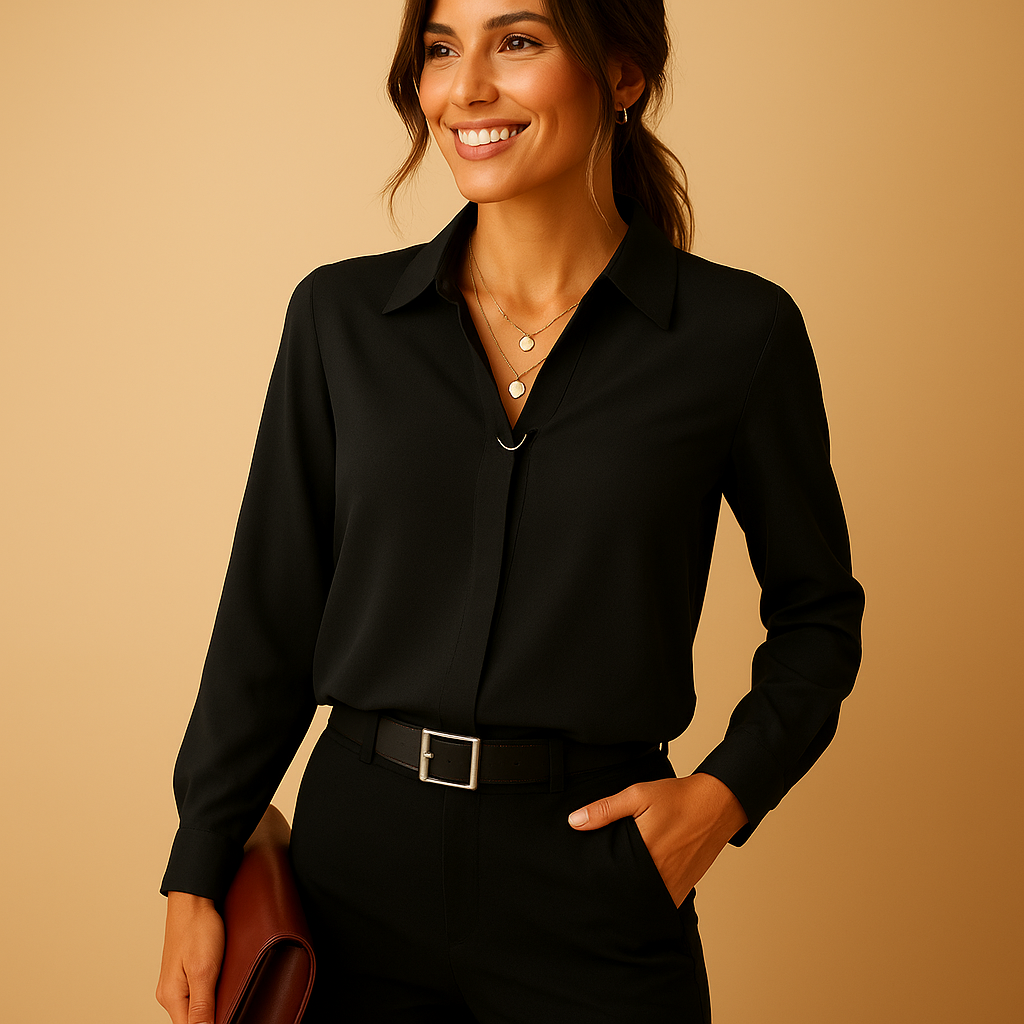 Women’s elegant solid button-up blouse with a tailored feminine fit, suitable for work, everyday wear, and evening outfits.