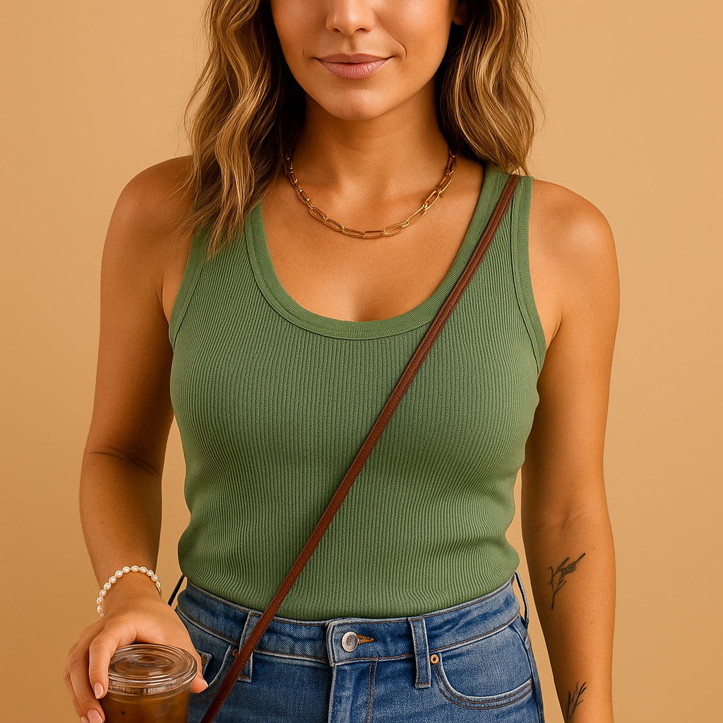 Women’s elegant summer tank top with a u-neck and slim fit, ideal for warm days, casual outfits, beach trips, and city wear.