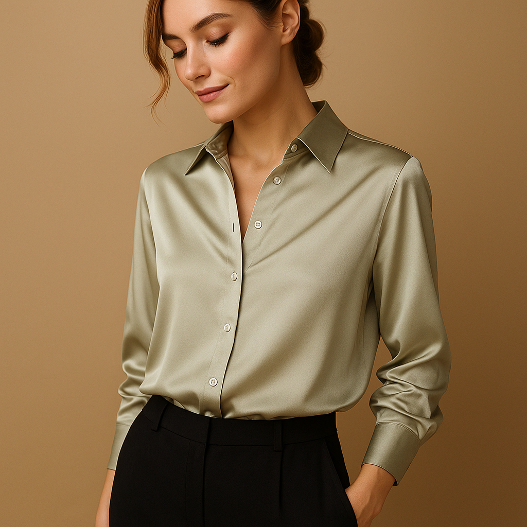 Women’s elegant v-neck blouse with collar and button closure, featuring a lightweight airy fit for work, casual wear, and formal occasions.