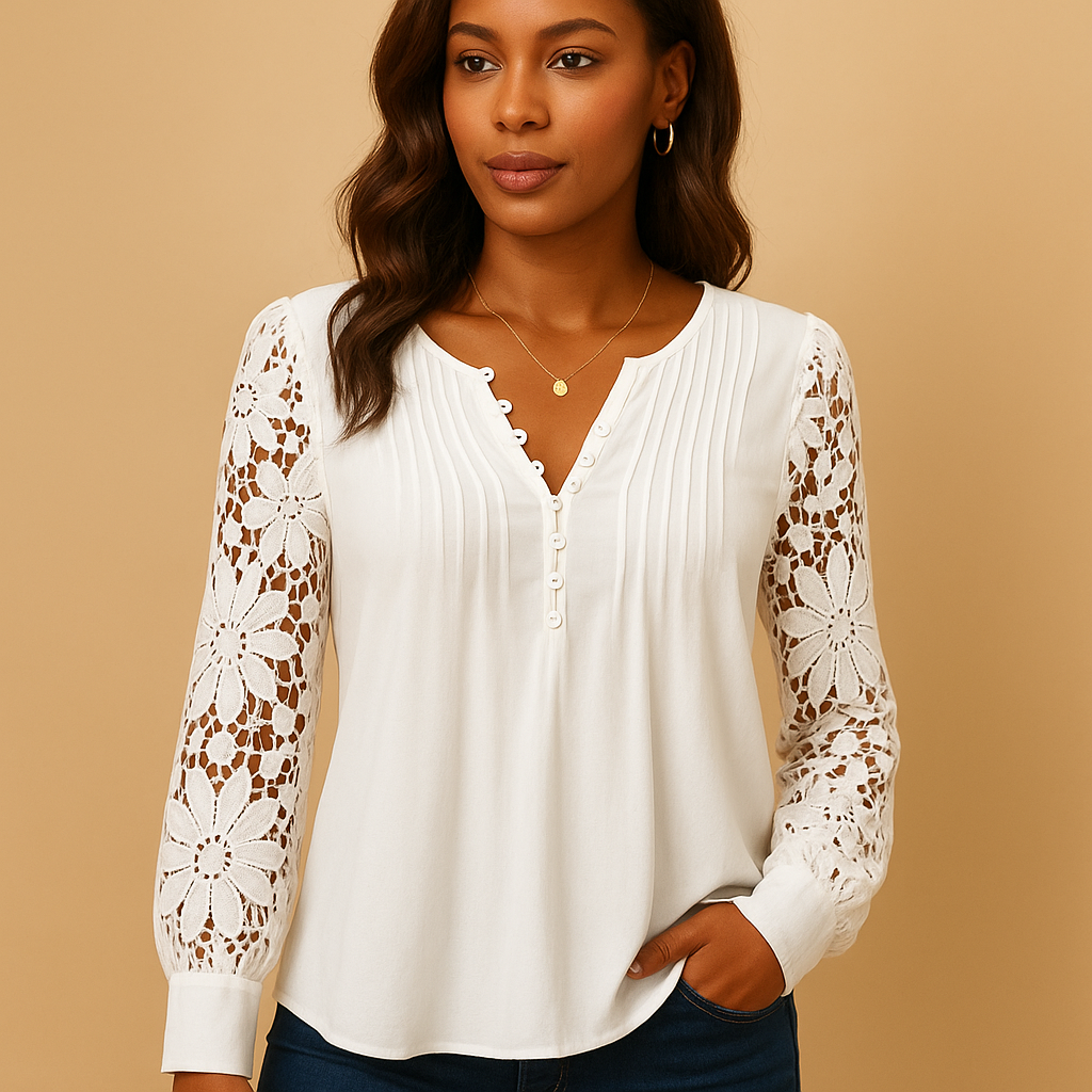 Elegant v-neck lace blouse for women with refined lace details, suitable for daily wear, work, and formal occasions.