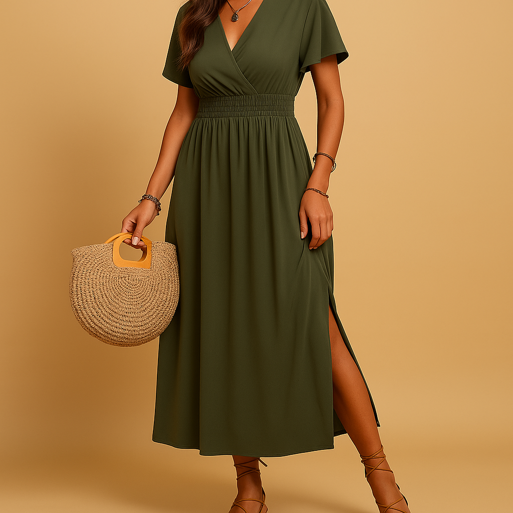 Women’s elegant v-neck midi dress with a slim silhouette in black, burgundy, and navy blue, perfect for formal and semi-formal occasions.