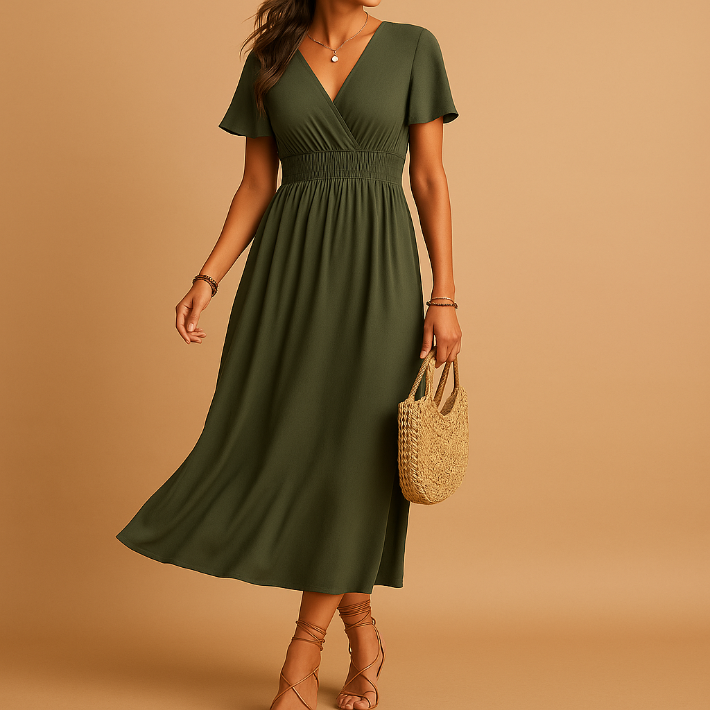 Women’s elegant v-neck midi dress with a slim silhouette in black, burgundy, and navy blue, perfect for formal and semi-formal occasions.