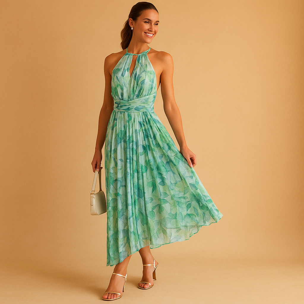 Floral maxi dress for women with a high waist and sleeveless design, perfect for summer vacations, garden parties, and elegant casual wear.
