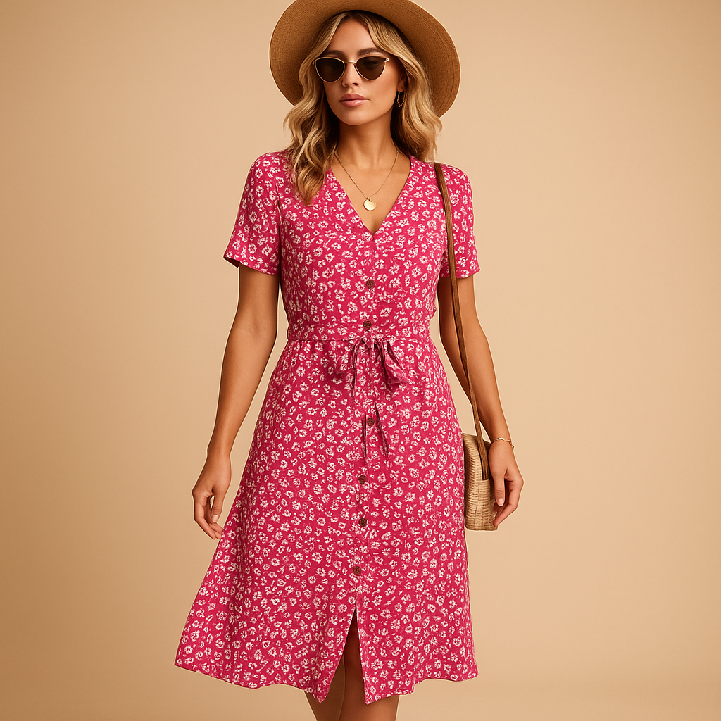 Women’s floral midi dress with short sleeves and breathable fabric, perfect for summer outings, terrace days, and casual parties.