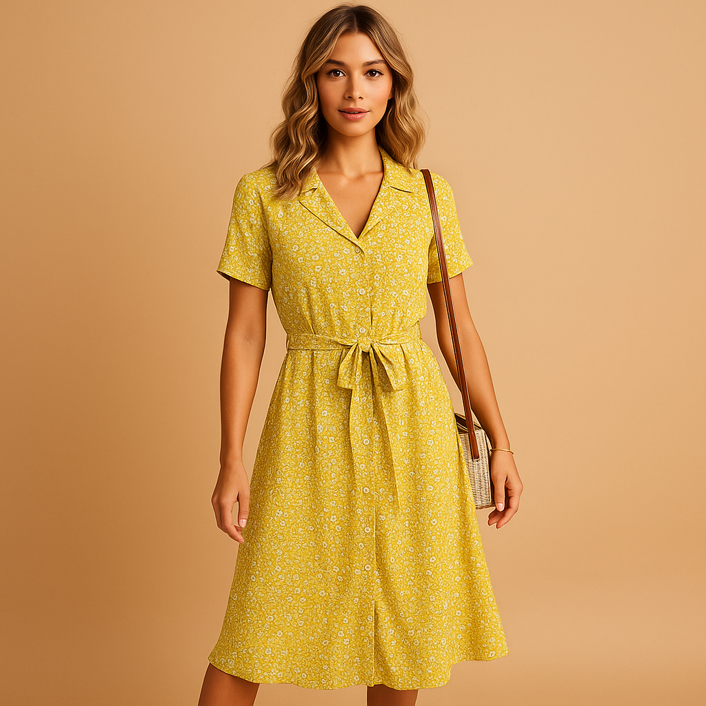 Women’s floral midi dress with short sleeves and breathable fabric, perfect for summer outings, terrace days, and casual parties.