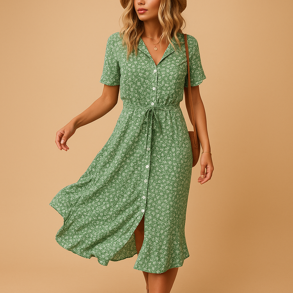 Women’s floral midi dress with short sleeves and breathable fabric, perfect for summer outings, terrace days, and casual parties.