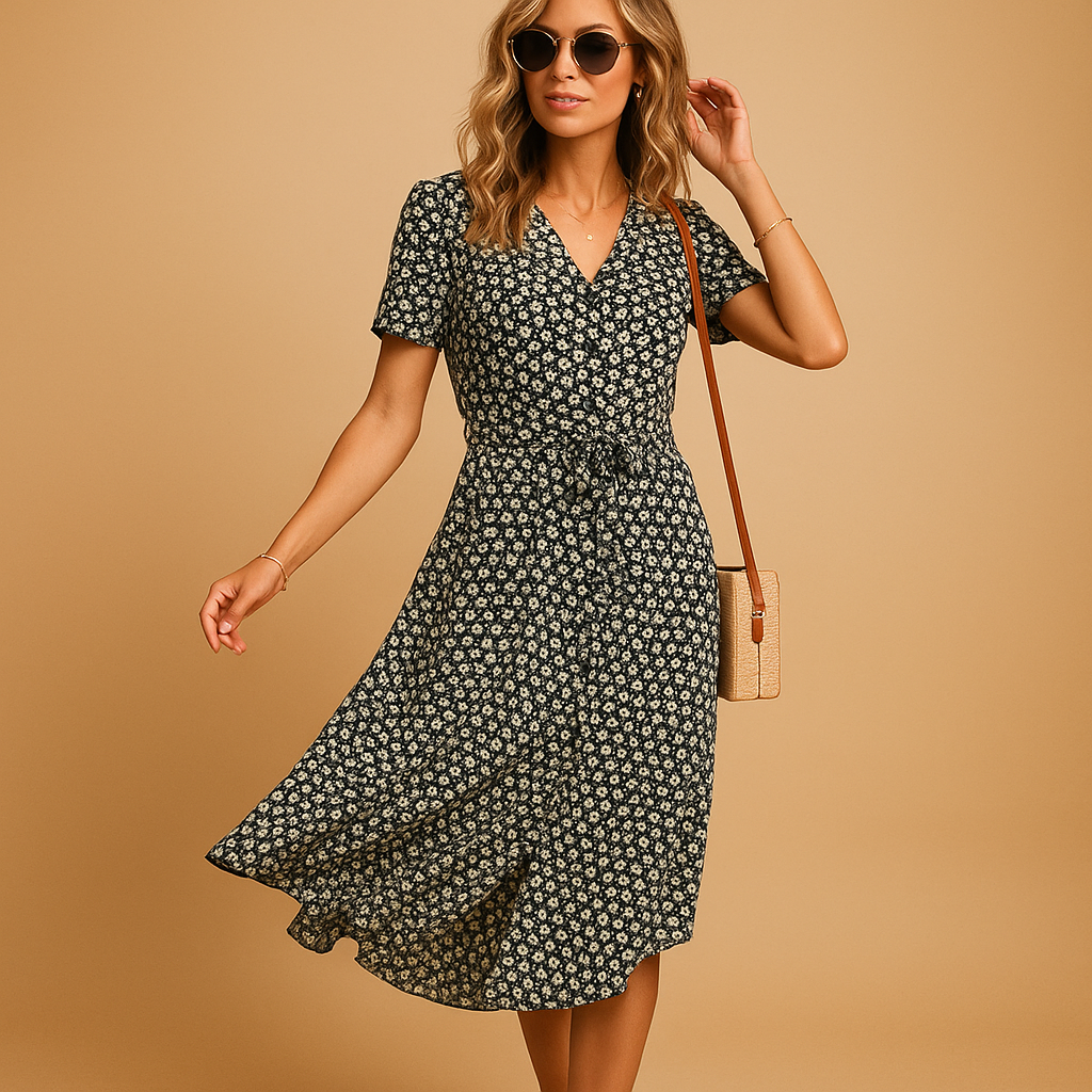 Women’s floral midi dress with short sleeves and breathable fabric, perfect for summer outings, terrace days, and casual parties.
