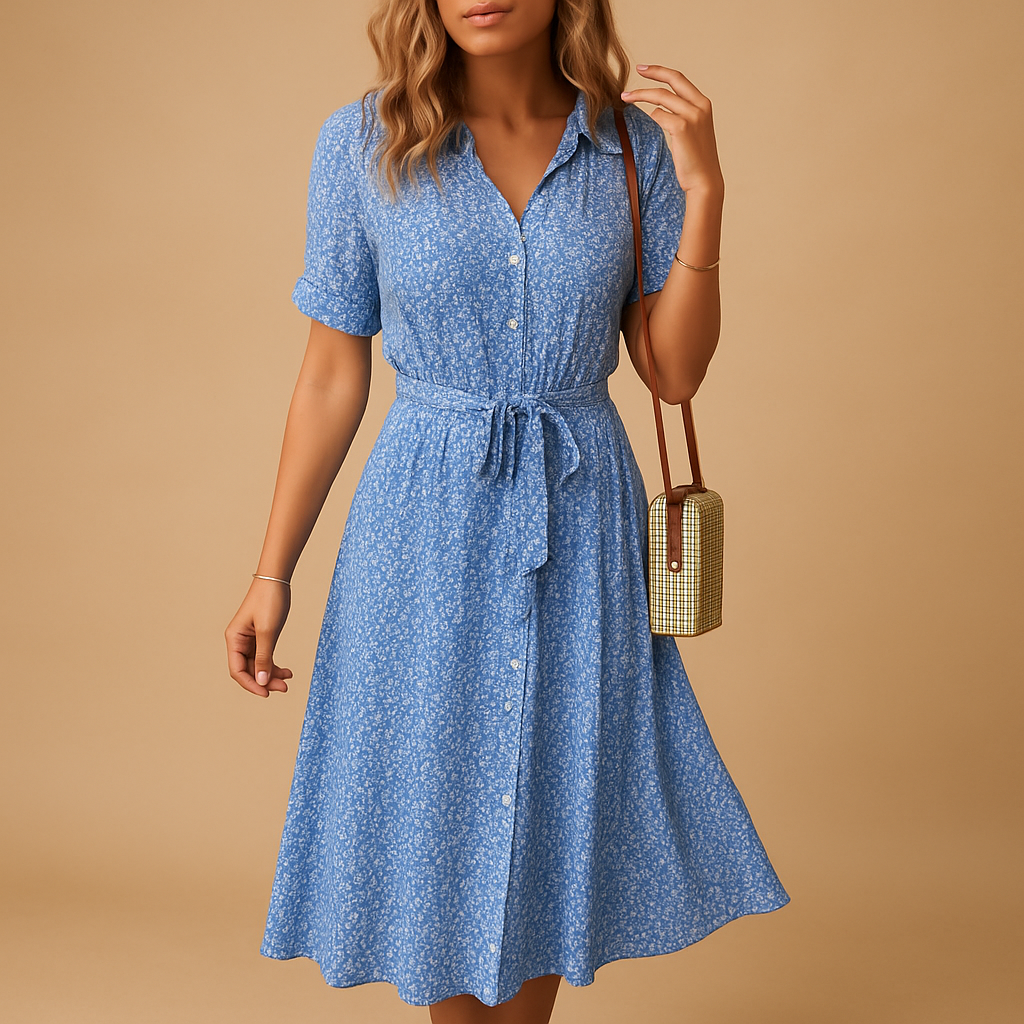 Women’s floral midi dress with short sleeves and breathable fabric, perfect for summer outings, terrace days, and casual parties.