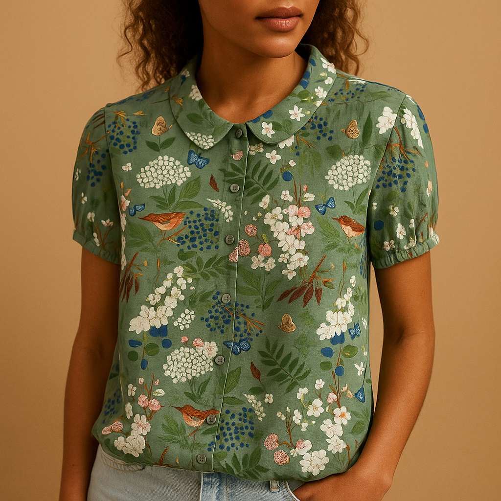 Women’s airy floral print blouse with a loose fit and breathable design, ideal for casual wear on warm days indoors or outdoors.