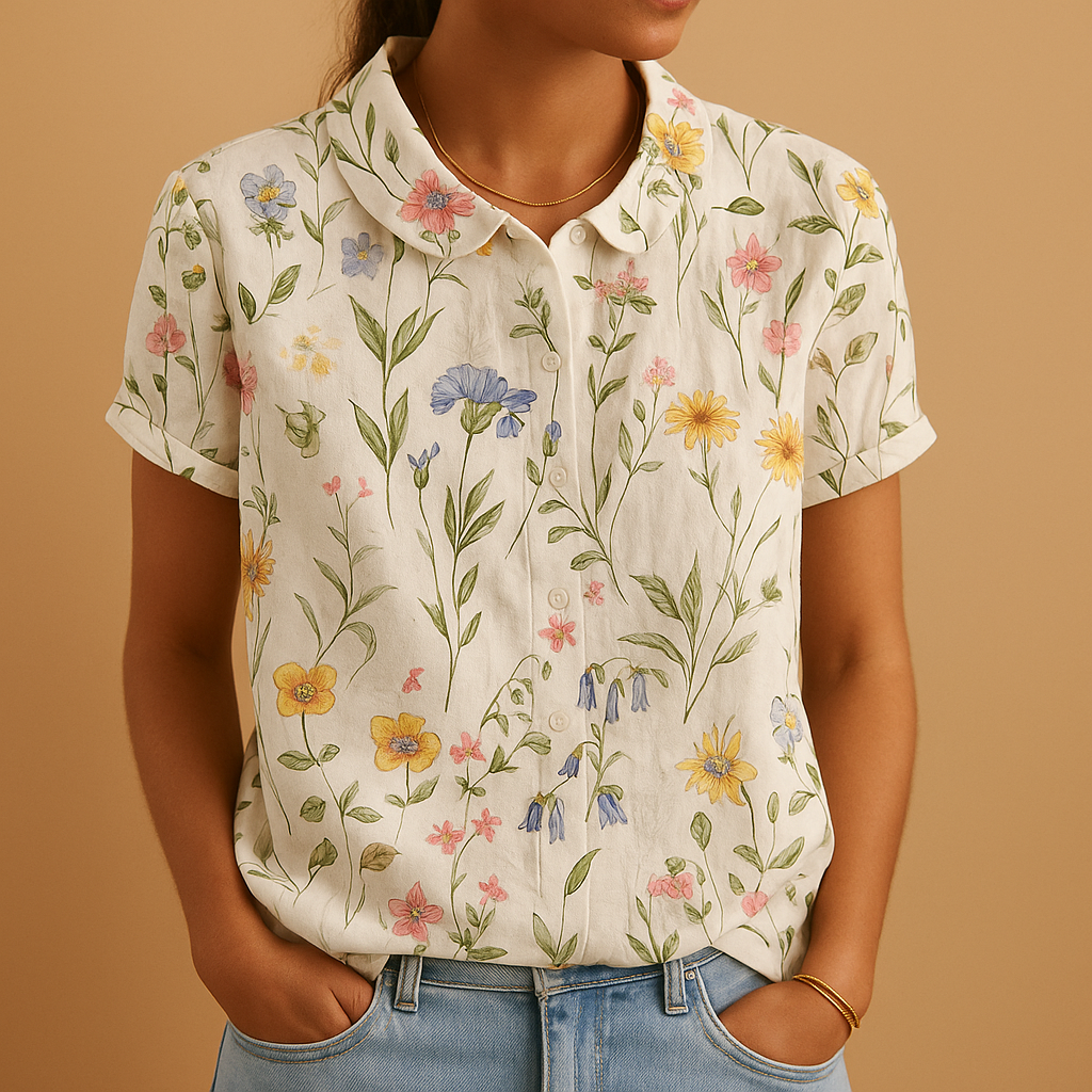 Women’s airy floral print blouse with a loose fit and breathable design, ideal for casual wear on warm days indoors or outdoors.