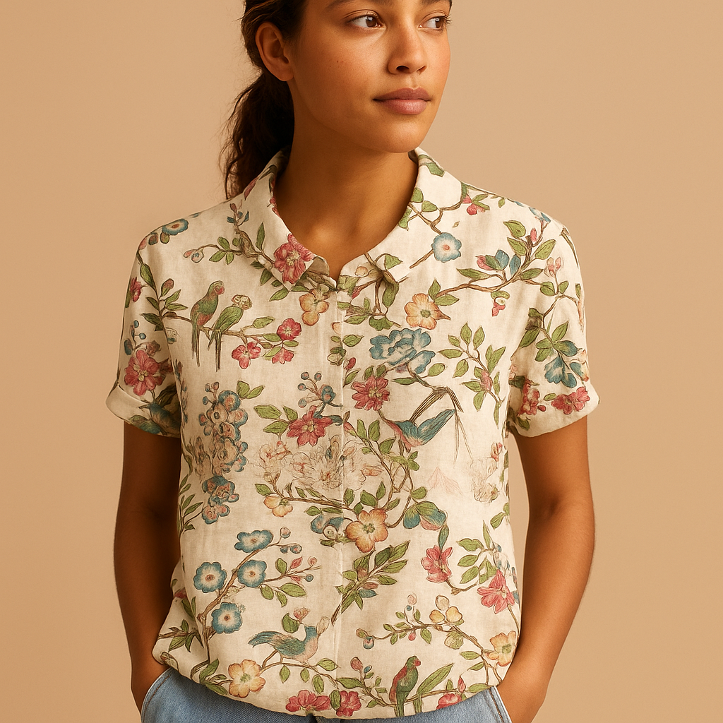 Women’s airy floral print blouse with a loose fit and breathable design, ideal for casual wear on warm days indoors or outdoors.