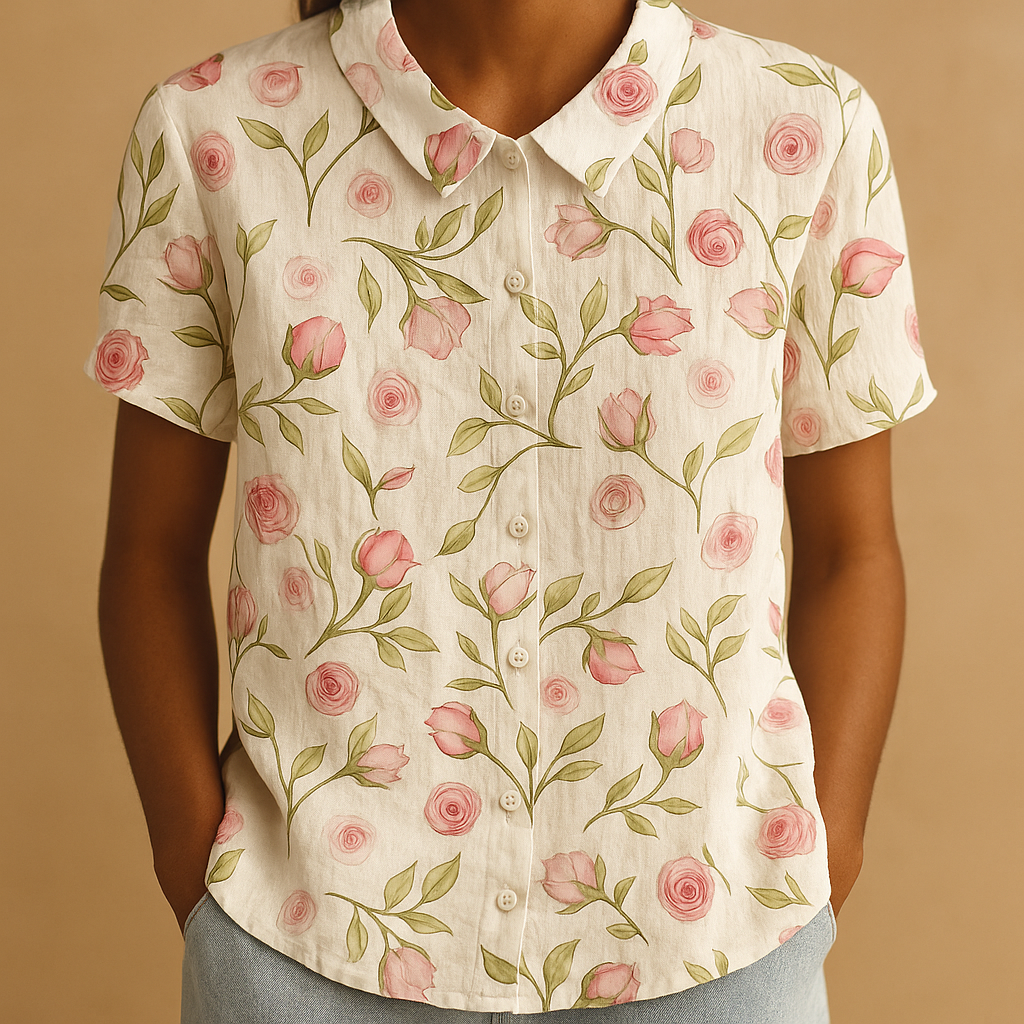 Women’s airy floral print blouse with a loose fit and breathable design, ideal for casual wear on warm days indoors or outdoors.