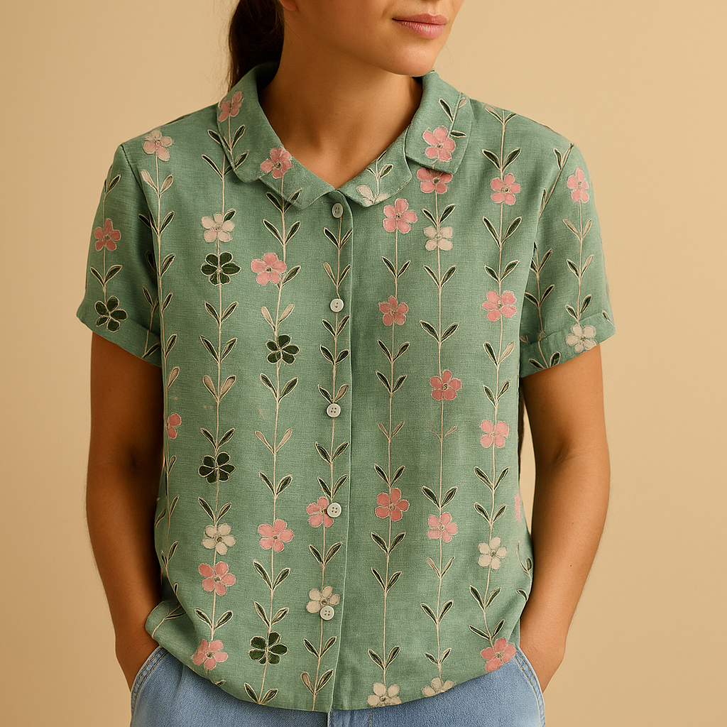 Women’s airy floral print blouse with a loose fit and breathable design, ideal for casual wear on warm days indoors or outdoors.