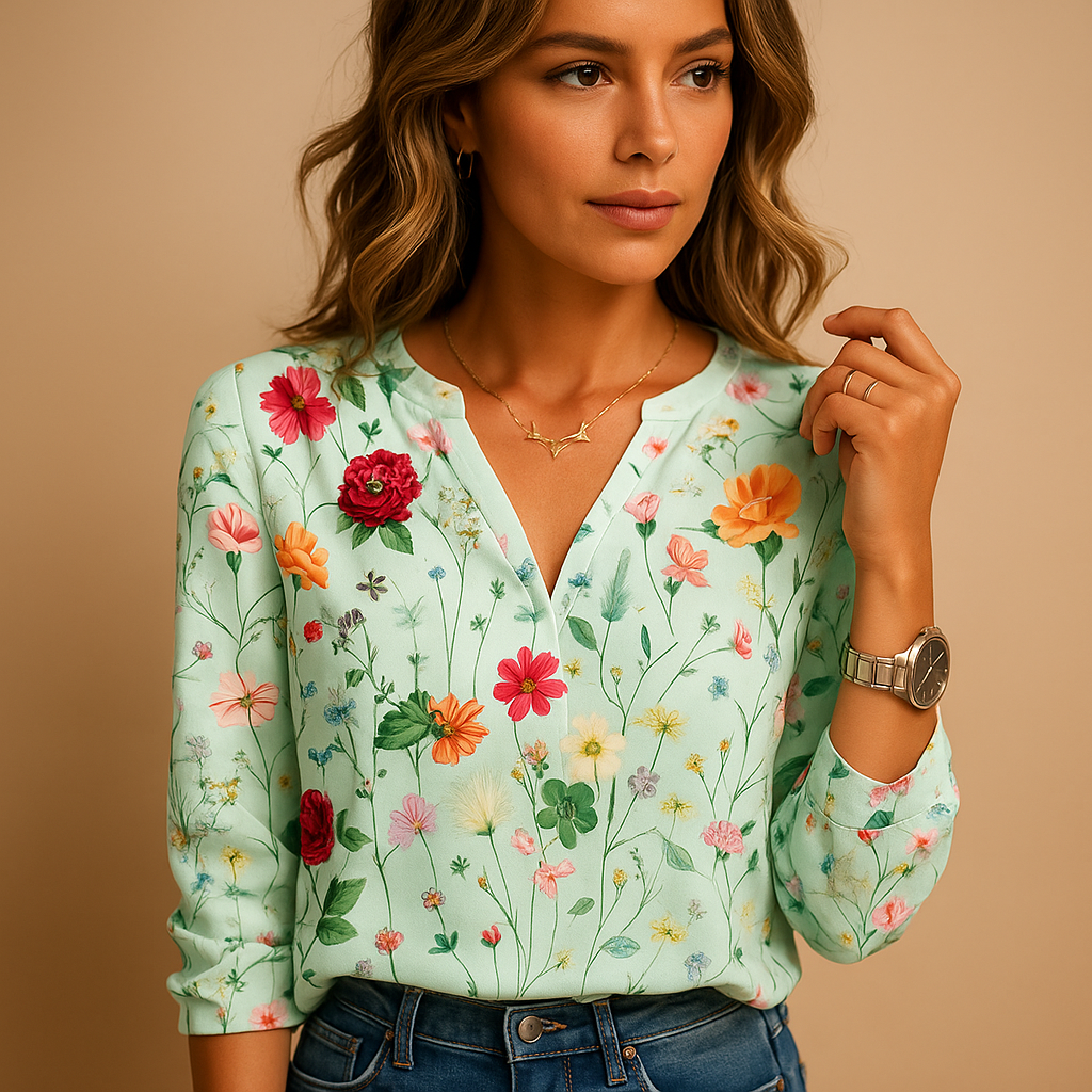 Women’s floral print v-neck blouse with long sleeves and a breathable fit, suitable for everyday wear and layered outfits.