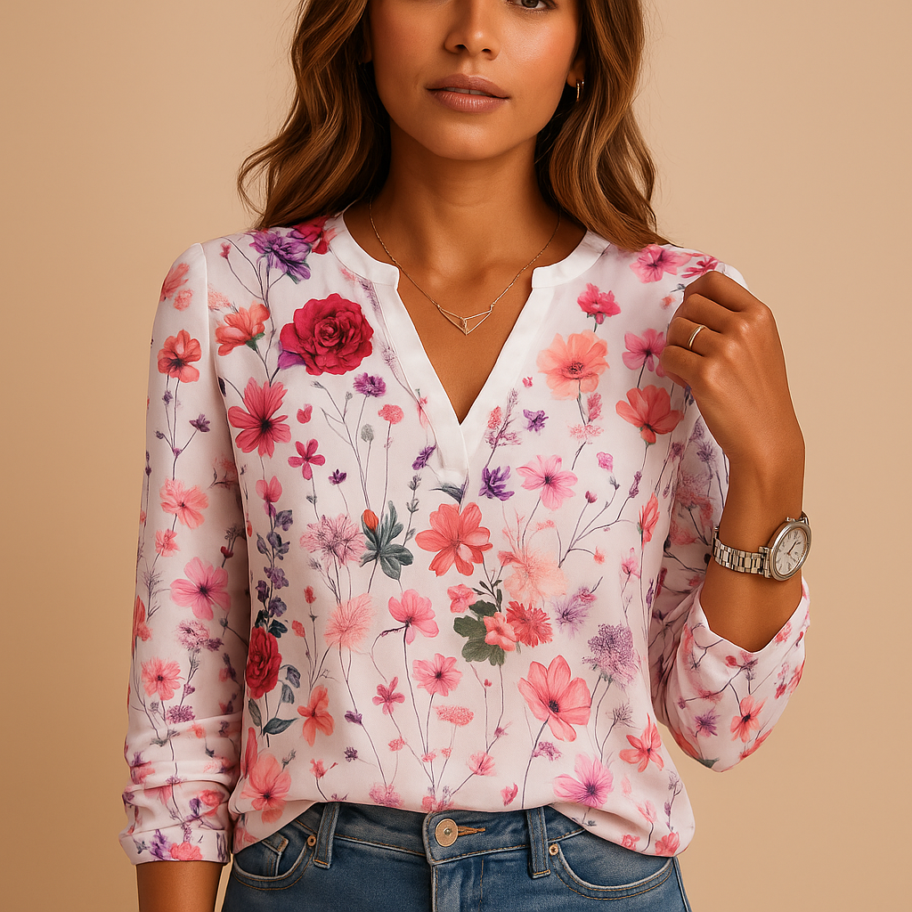 Women’s floral print v-neck blouse with long sleeves and a breathable fit, suitable for everyday wear and layered outfits.