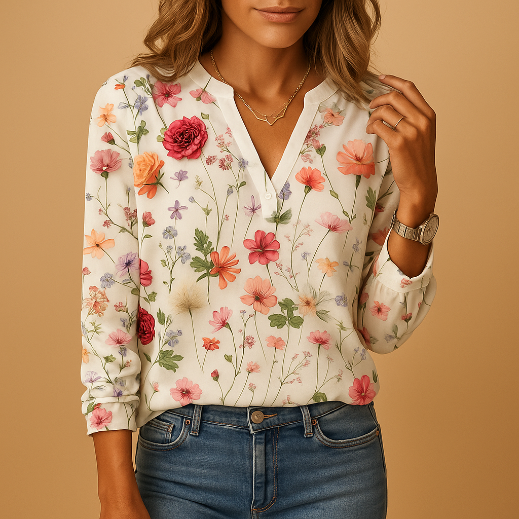 Women’s floral print v-neck blouse with long sleeves and a breathable fit, suitable for everyday wear and layered outfits.
