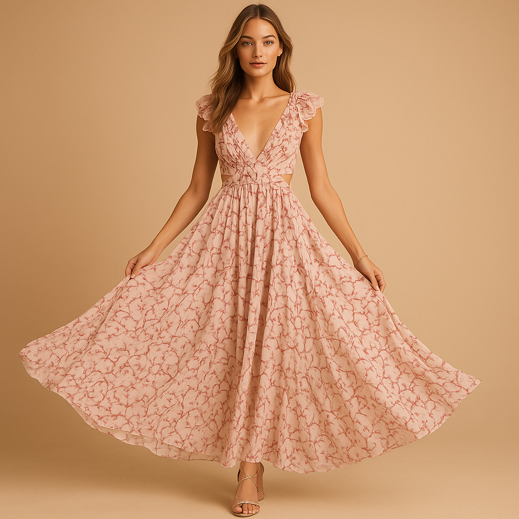 Women’s floral ruffle maxi dress with deep v-neck, high slit, and waist cut-out, perfect for parties, summer weddings, and special occasions.
