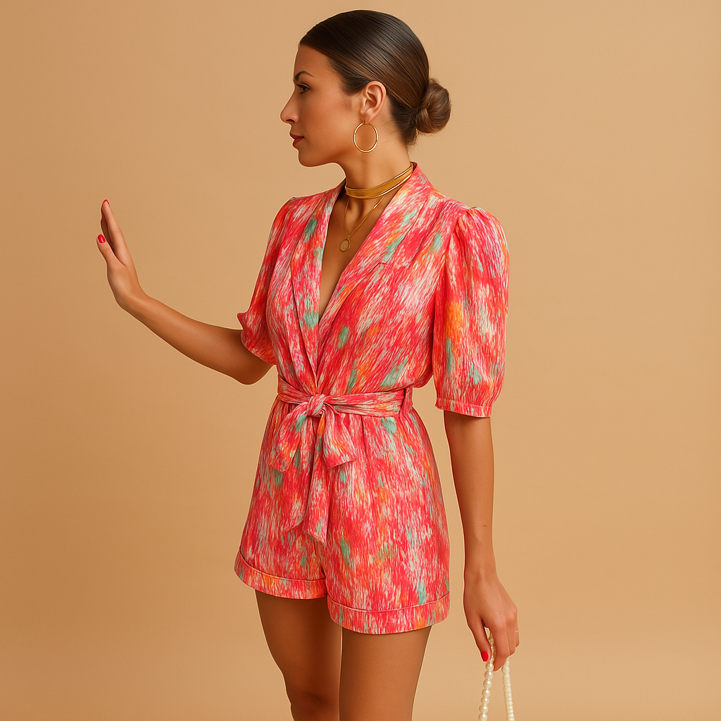 Floral short jumpsuit for women with adjustable waist belt and vibrant print, perfect for warm days, evenings out, and summer occasions.