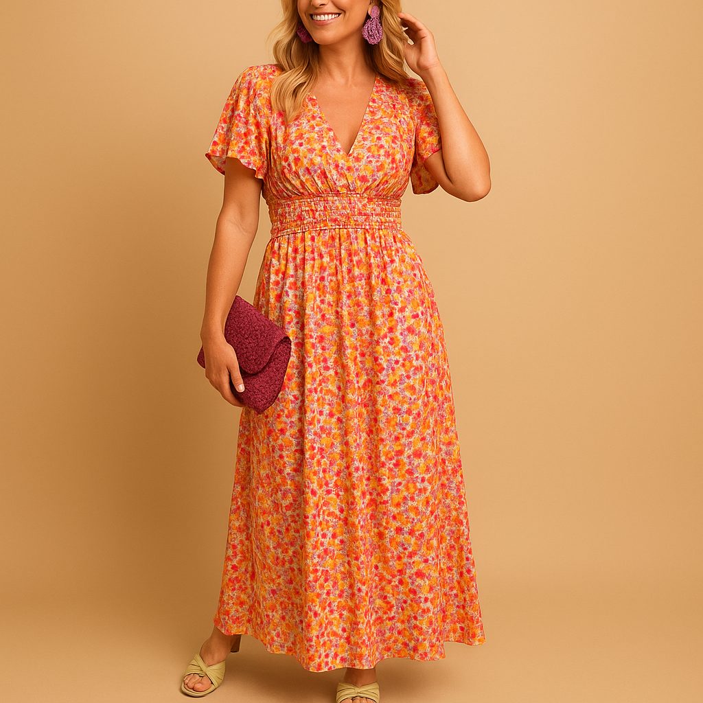 Women’s floral v-neck maxi summer dress with a flowing fit and multicolor print, perfect for holidays, beach days, and evening outings.
