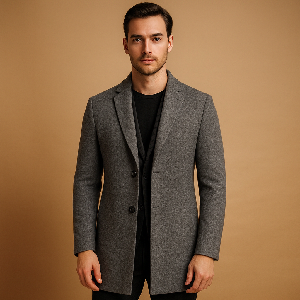 Men’s formal long winter coat with a classic cut and wind-resistant warmth, suitable for business settings, formal occasions, and everyday wear in cold seasons.