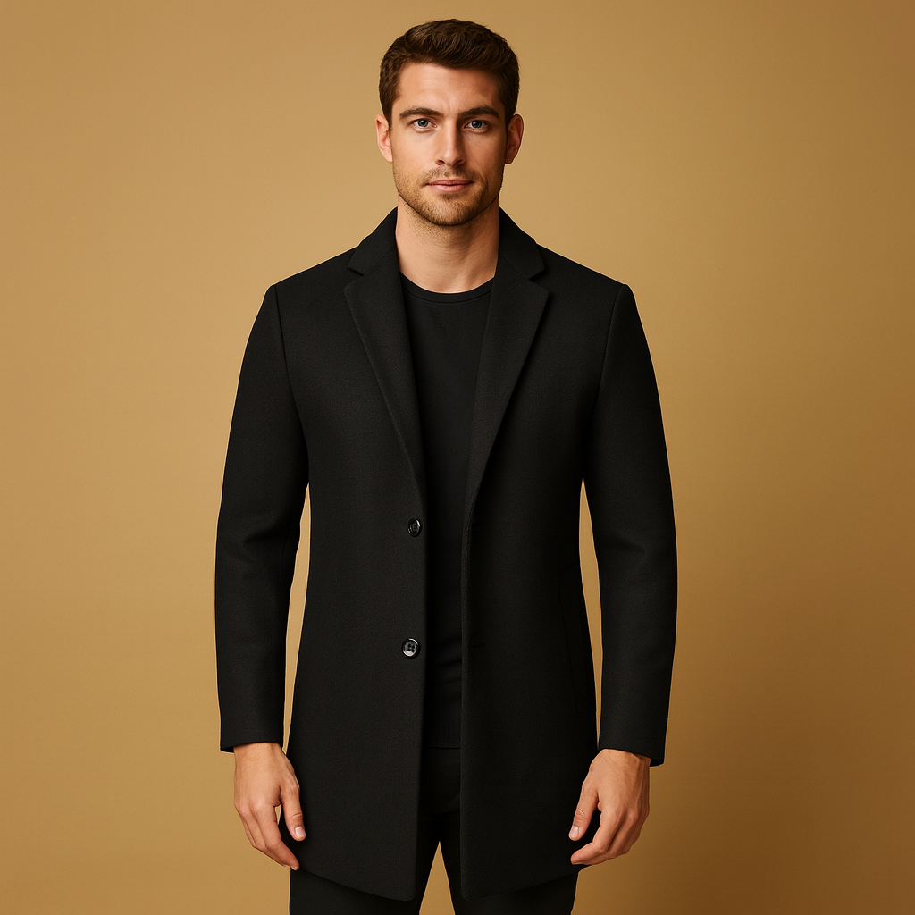 Men’s formal long winter coat with a classic cut and wind-resistant warmth, suitable for business settings, formal occasions, and everyday wear in cold seasons.