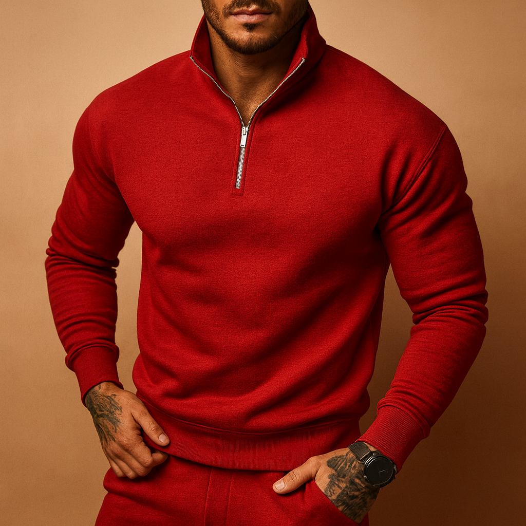 Modern half zip sweater for men with a soft and comfortable fit, ideal for casual and formal wear in autumn and winter.