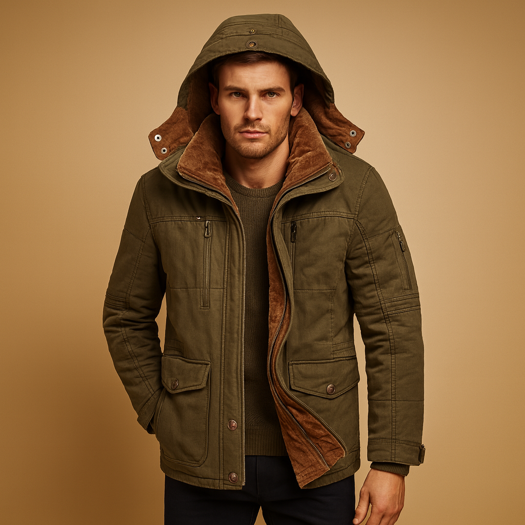 Men’s hooded winter coat with thick insulation and a classic design, suitable for daily wear and outdoor activities during cold winter days.