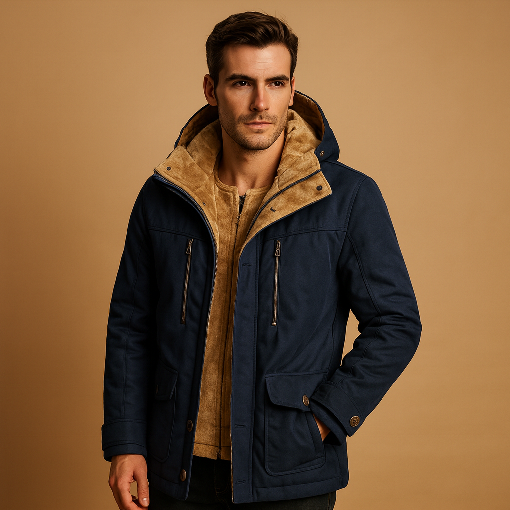Men’s hooded winter coat with thick insulation and a classic design, suitable for daily wear and outdoor activities during cold winter days.