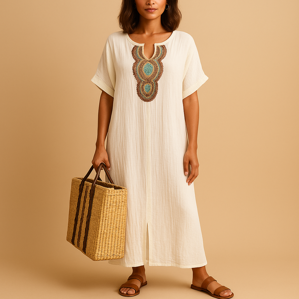 Women’s kaftan summer dress with airy flowy fit and lightweight design, perfect for beach days, vacations, and warm weather occasions.