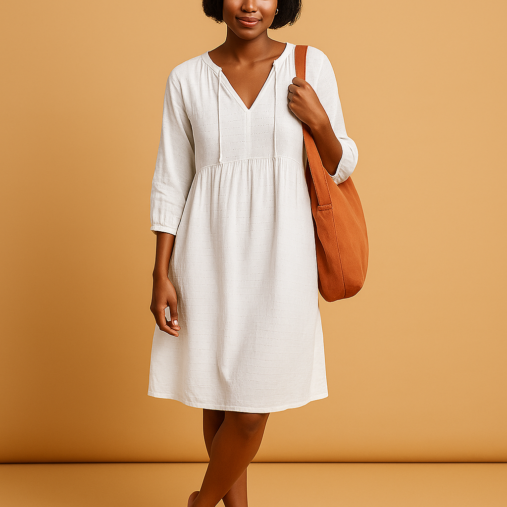 Knee length summer dress for women with short sleeves and flattering fit, perfect for casual outings, work, and warm-weather occasions.