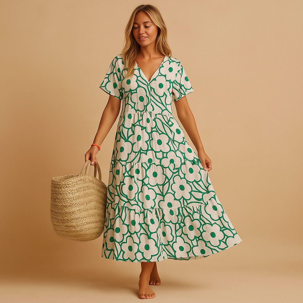 Women’s lightweight summer dress with short sleeves, breathable fit, perfect for casual outings, beach days, and warm weather.