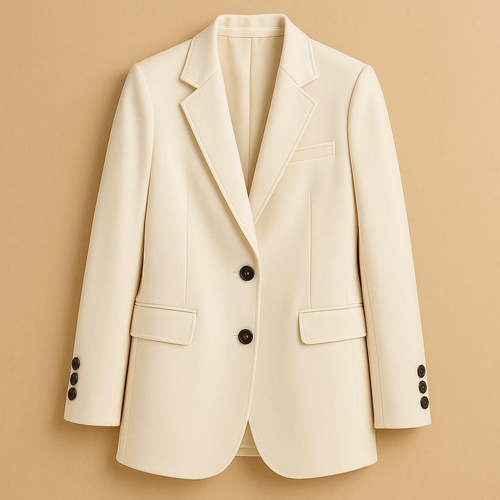 Long elegant blazer for women with a timeless silhouette and modern details, available in classic neutral colors.