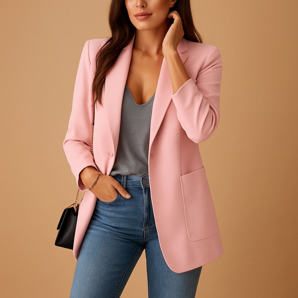 Long elegant blazer for women with a slim tailored fit and luxurious look, available in multiple classic colors.