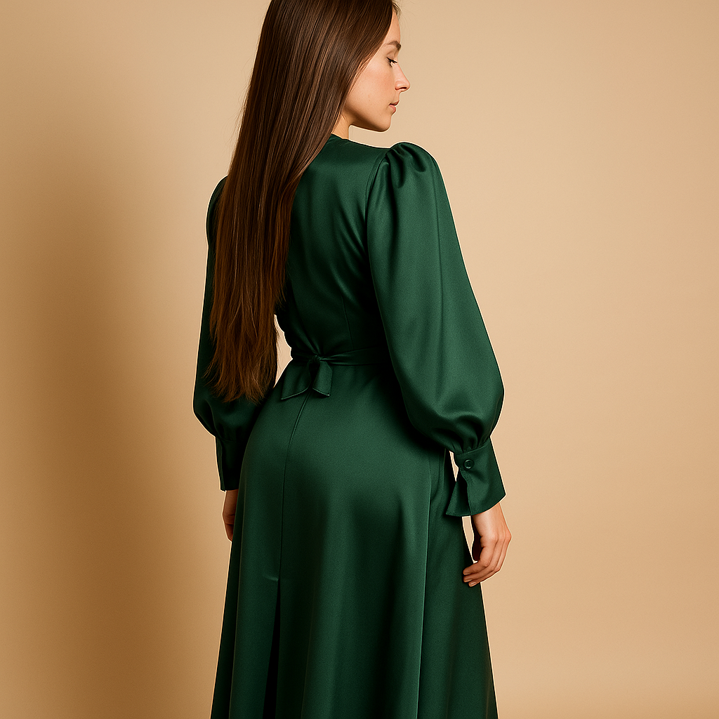 Women’s long elegant dress with waist belt and long sleeves in deep green, perfect for weddings, gala events, and formal occasions.