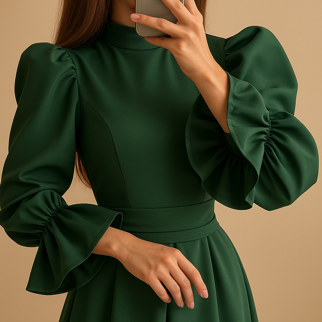 Women’s long elegant dress with waist belt and long sleeves in deep green, perfect for weddings, gala events, and formal occasions.