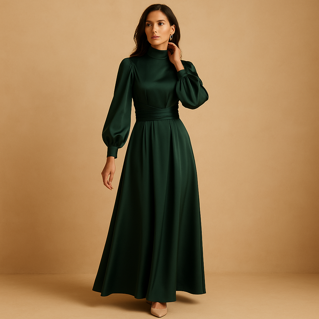 Women’s long elegant dress with waist belt and long sleeves in deep green, perfect for weddings, gala events, and formal occasions.