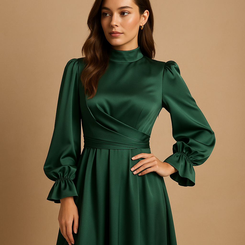 Women’s long elegant dress with waist belt and long sleeves in deep green, perfect for weddings, gala events, and formal occasions.