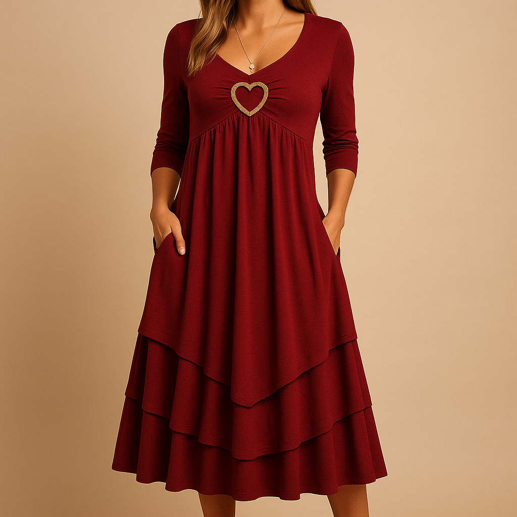 Women’s long sleeve A-line dress with O-neck, pockets, and ruffle details, perfect for work, casual outings, and everyday wear
