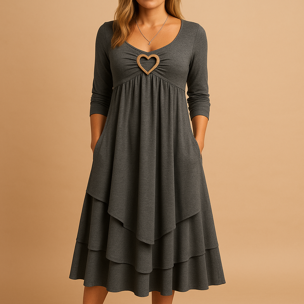 Women’s long sleeve A-line dress with O-neck, pockets, and ruffle details, perfect for work, casual outings, and everyday wear