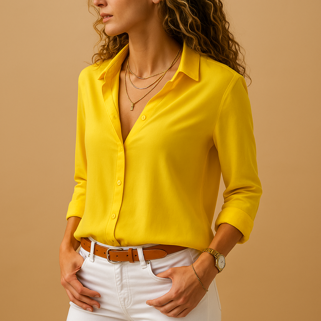 Women’s long sleeve v-neck elegant blouse with button closure and a slim fit, suitable for everyday wear, work, and evening occasions.