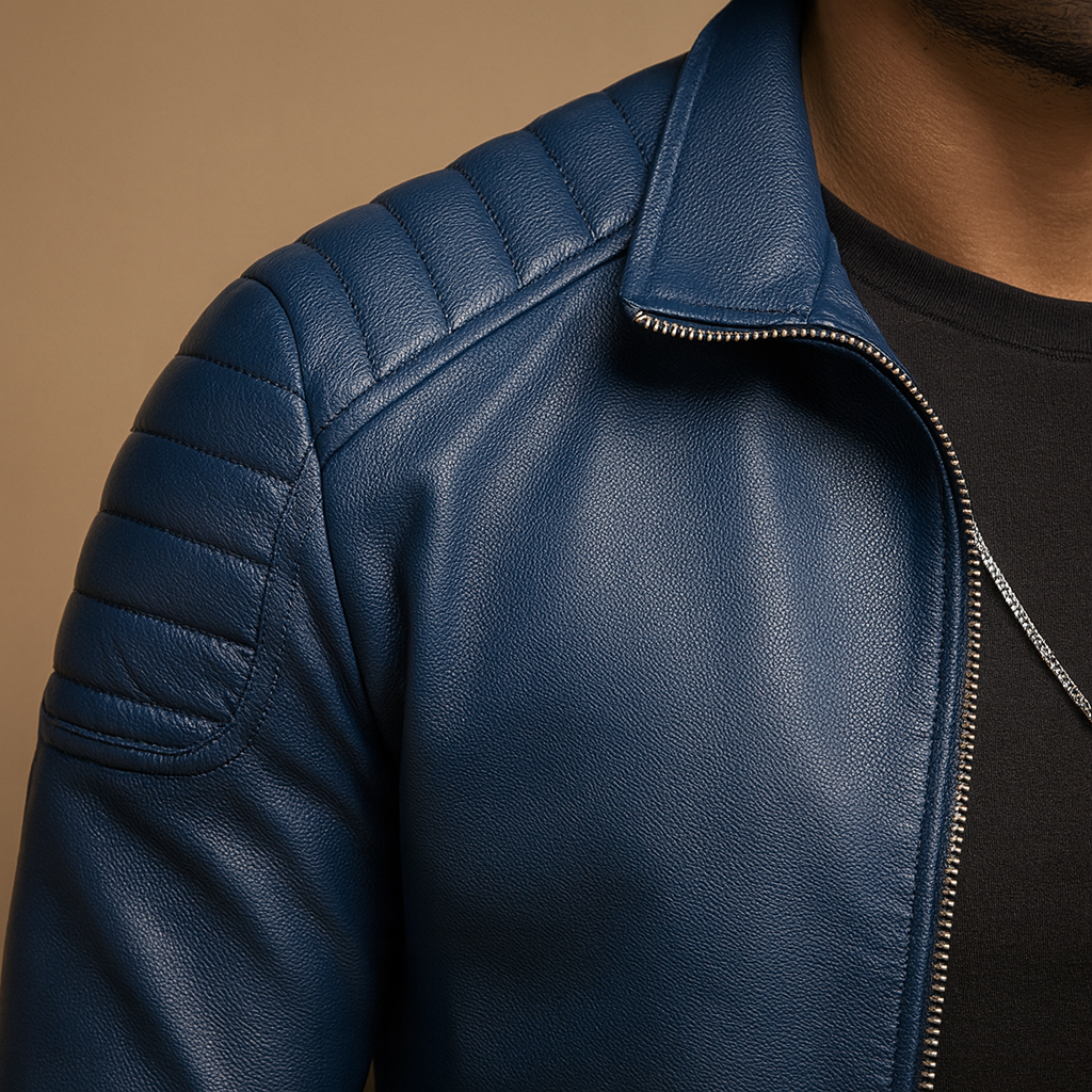 Men’s luxury biker jacket with a refined finish and breathable comfort, suitable for business outfits and casual looks with jeans.