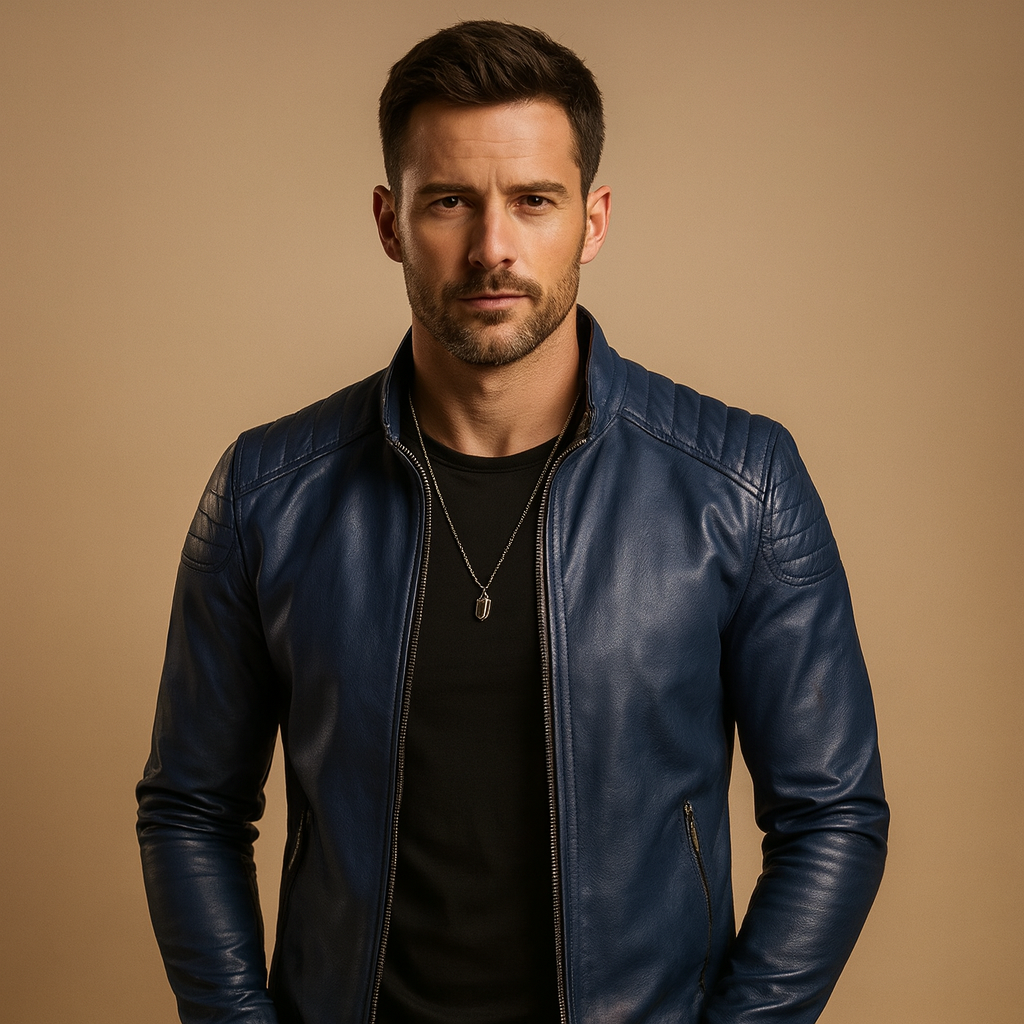 Men’s luxury biker jacket with a refined finish and breathable comfort, suitable for business outfits and casual looks with jeans.